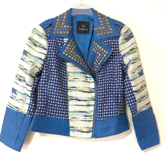 V Cristina Patchwork Studded Blue Moto Jacket Med - Picture 1 of 6